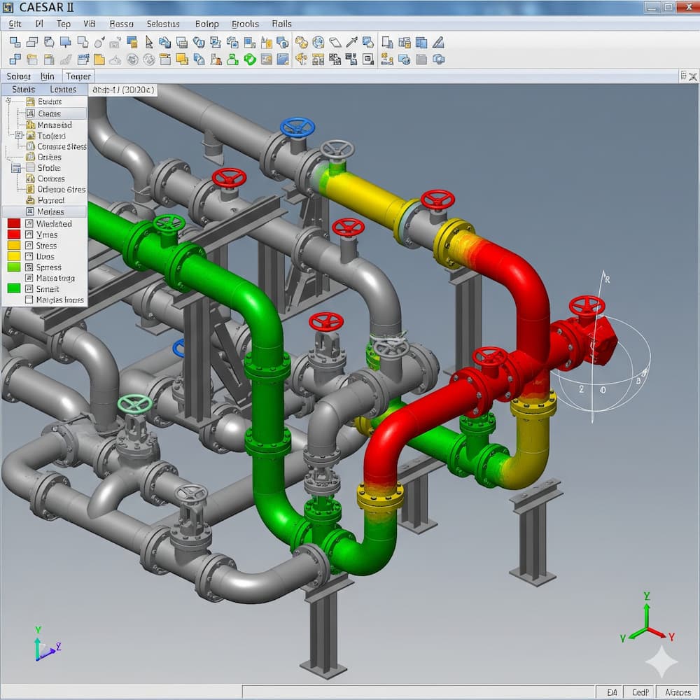 Tampilan model perpipaan 3D yang kompleks di dalam antarmuka CAESAR II, dengan highlight warna yang menunjukkan area dengan tegangan tinggi.